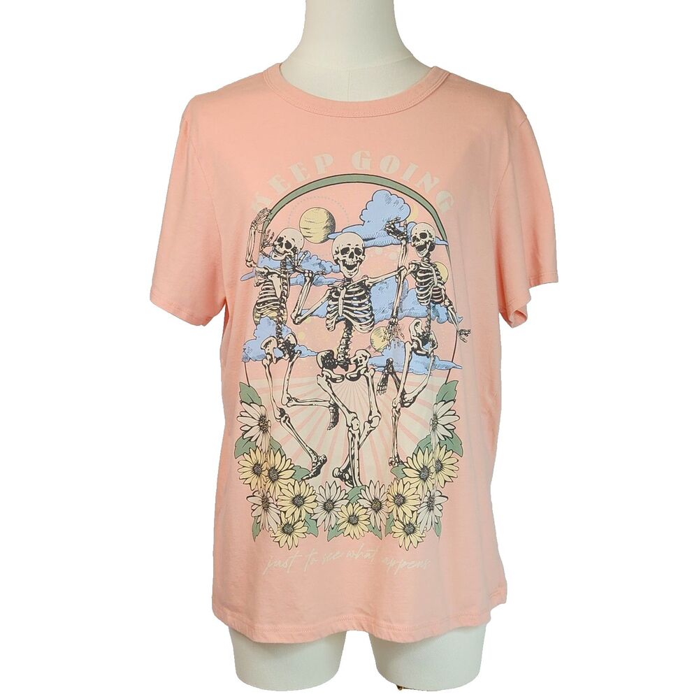Zoe+Liv Keep Going Dancing Skeletons Floral Graphic Tee Large Peach Cottage Goth